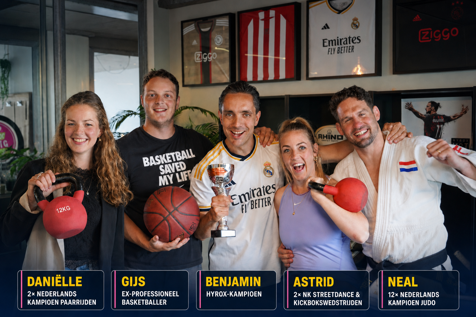 Team van Recruitment Masters met vijf voormalige topsporters en hun sportprestaties